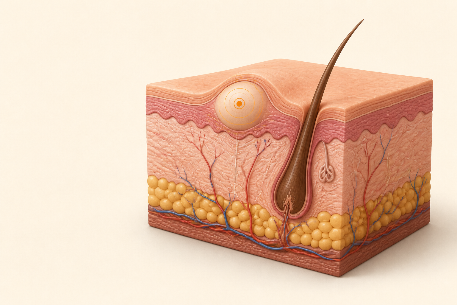 A calm educational skin cutaway showing the surface, dermis, fat, a hair follicle, and a superficial lump